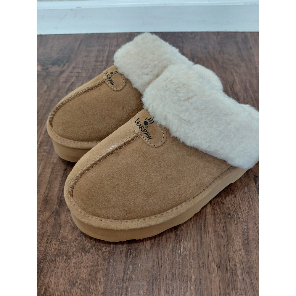 Bearpaw Platform Chunky Slippers, 10 Sheepskin, Tan Suede Leather - Picture 12 of 12